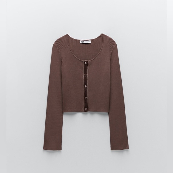 Zara Ribbed  Crop Cardigan Velvet Lined Buttons Knit Brown Women's‎ Size Medium - Picture 13 of 13